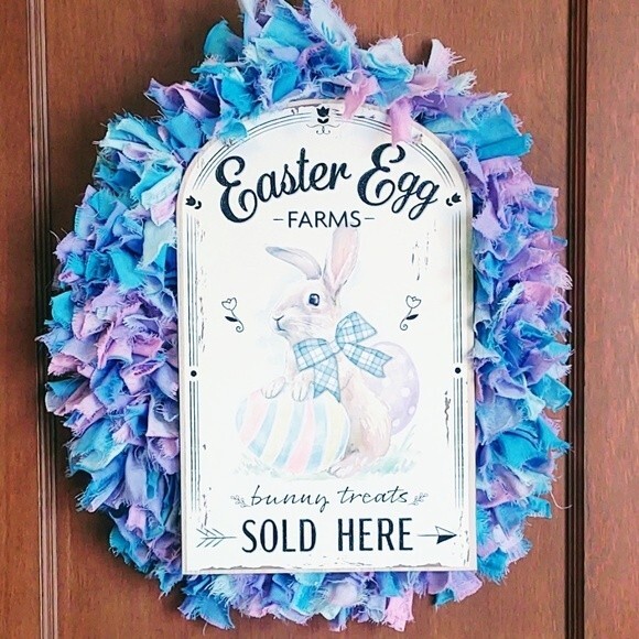Hand Crafted Easter Bunny Egg Pastel Fabric Rag Wreath, Easter Egg Farms Sign - Picture 2 of 14